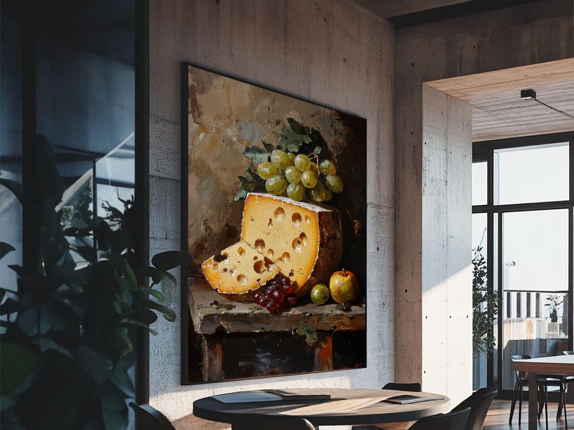 Rustic Cheese and Grapes Still Life Oil Painting Kitchen Wall Poster - Image 5