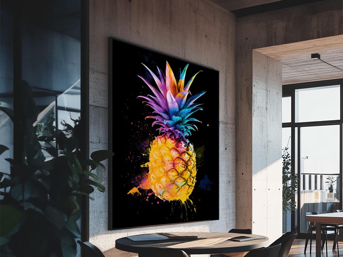 Neon Pineapple Watercolor On Black Background Tropical Wall Art Print - Image 2