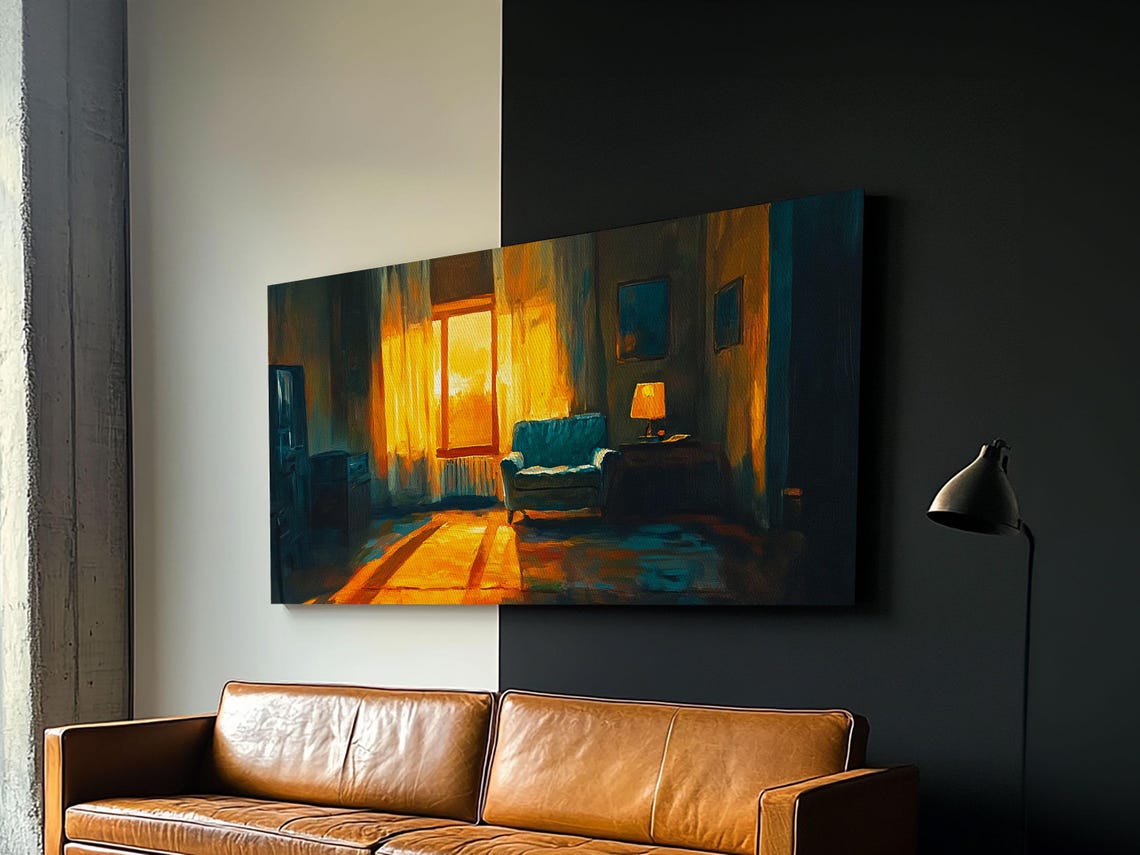 Golden Sunset Window Interior Teal Armchair Warm Lamp Glow Art Poster - Image 4