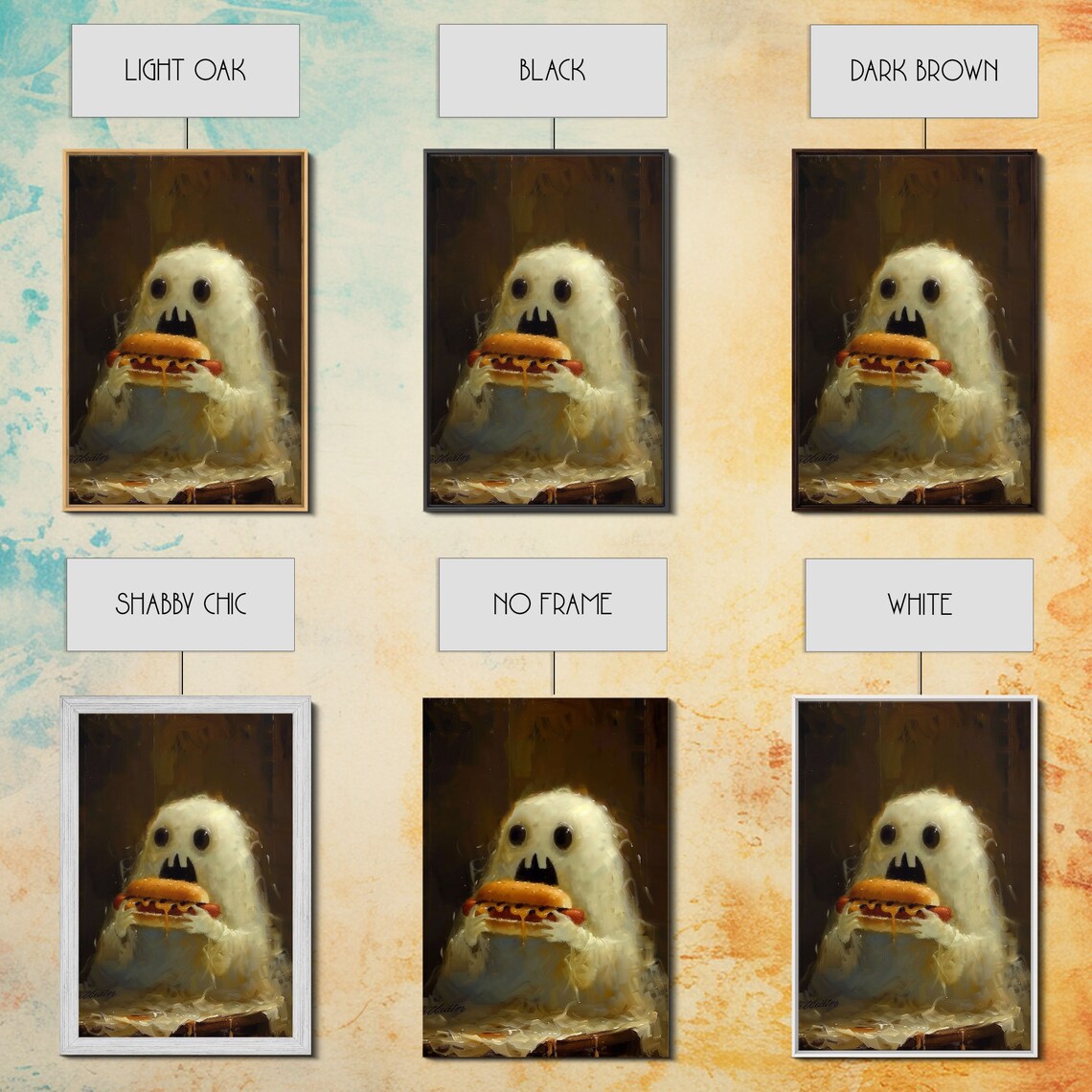 Cute Ghost Chomping Hot Dog, Funny Halloween Art Print - Image 3