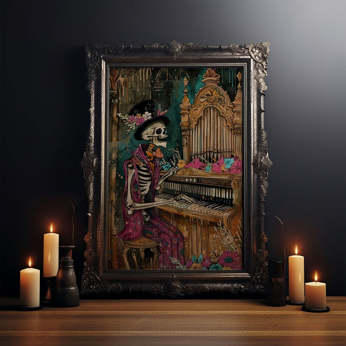 Skeleton Organ Player Flower Top Hat Gothic Church Art Poster - Image 3