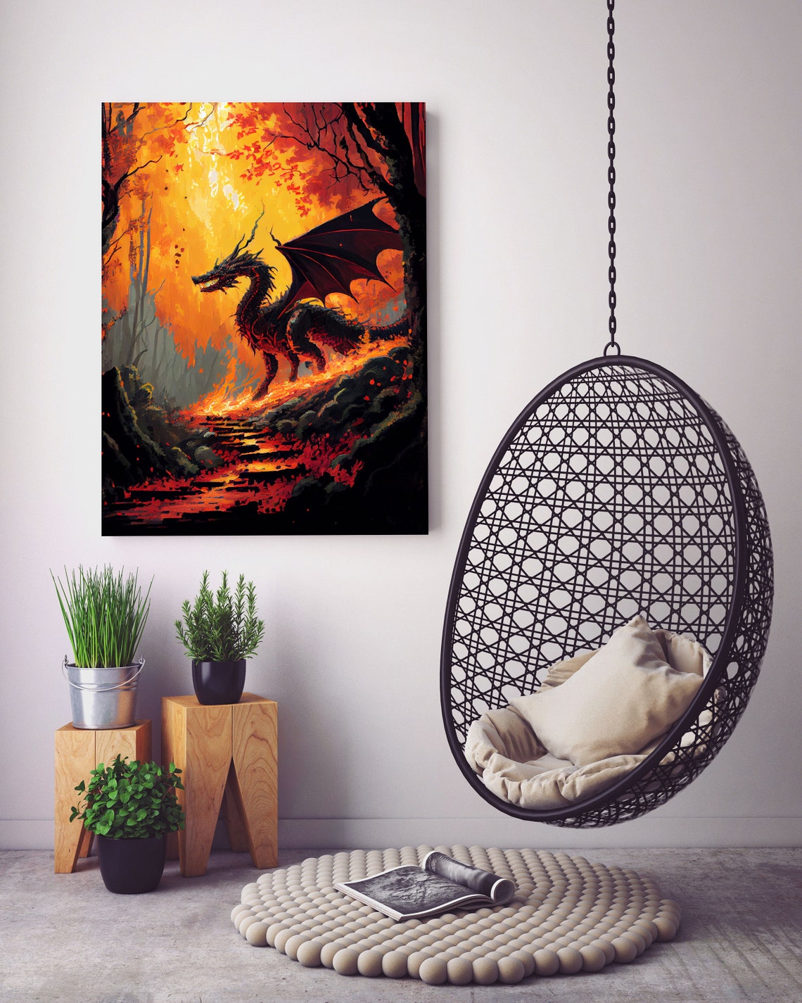 Dark Fire Dragon In Burning Autumn Forest Fantasy Creature Poster - Image 5