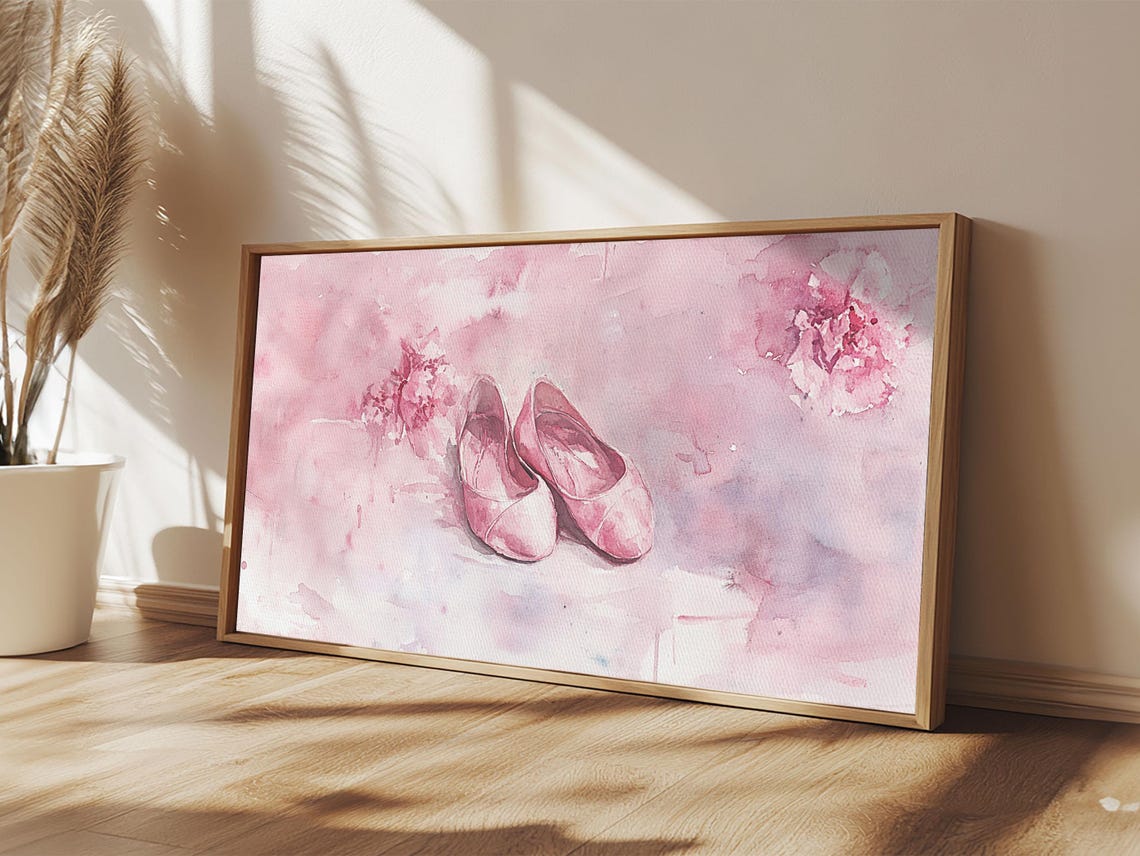 Pink Ballet Shoes Wide Horizontal Watercolor Dancer Pastel Art Poster - Image 2