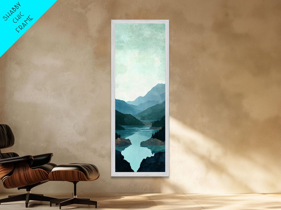 Misty Blue Mountains Tranquil River Minimalist Nature Wall Poster - Image 3