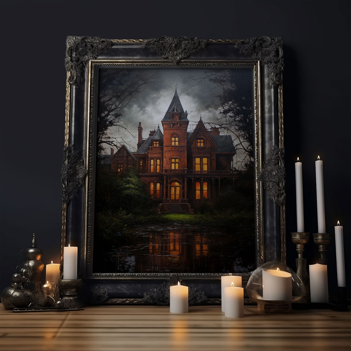 Haunted Victorian Mansion Night Glowing Windows Dark Gothic Art Poster - Image 6