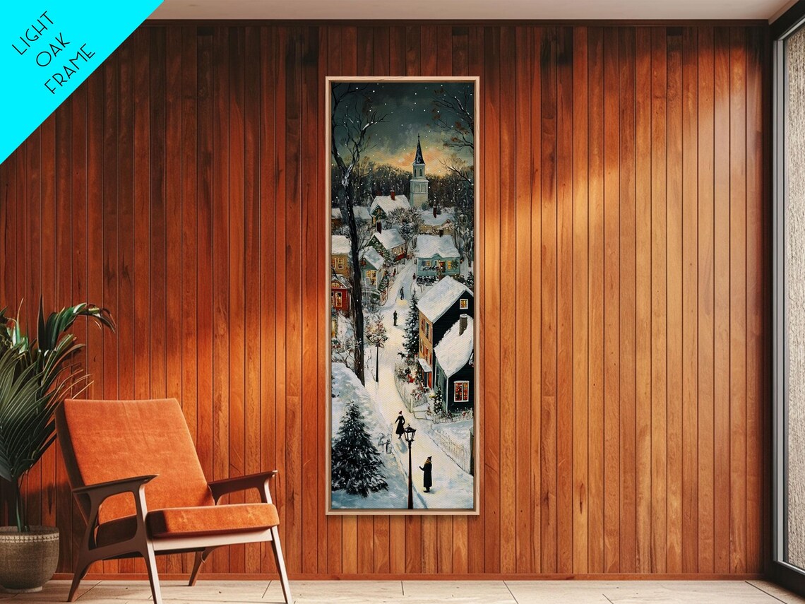 Snowy Village Street At Dusk With Church And Lampposts Poster - Image 3