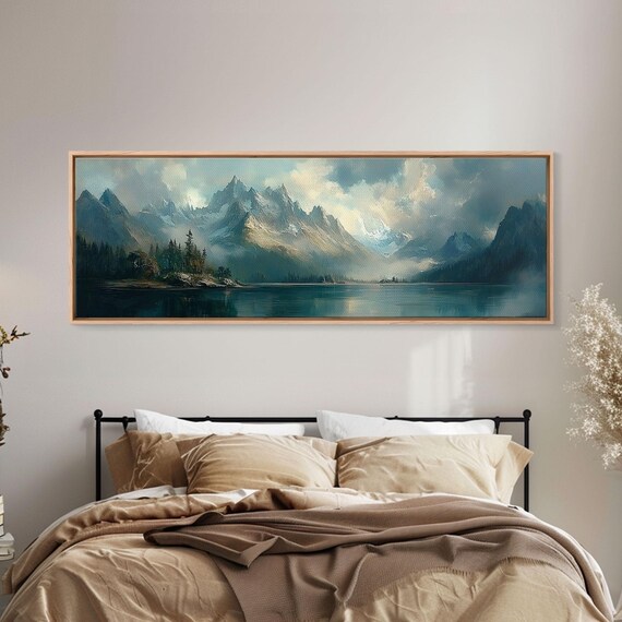 Moody Landscape Painting Print Overcast Stormy Day In The Mountains Thought Provoking Wall Art Oversized Panoramic Ultra Wide Art
