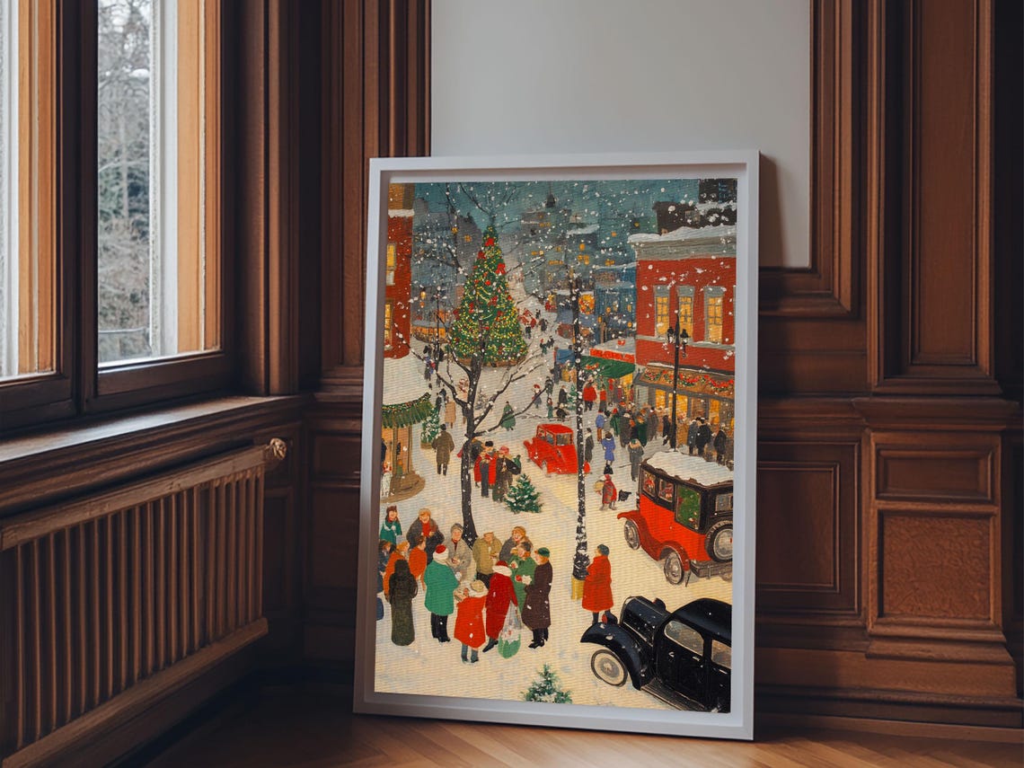 Vintage Christmas Shoppers Street Crowd Snow Retro Painting Poster - Image 3