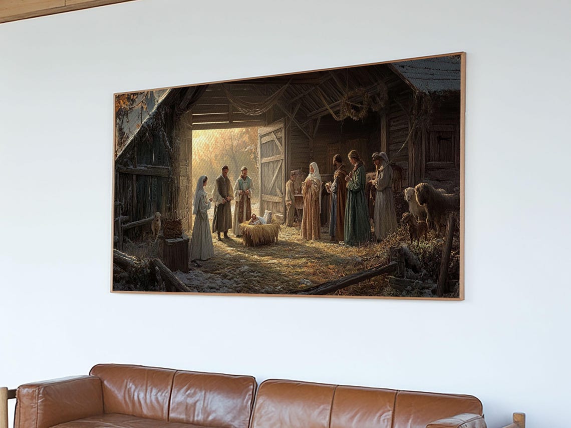 Nativity Scene In Rustic Barn Holy Family Christmas Painting Poster - Image 6