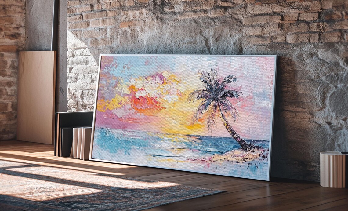 Tropical Beach Sunset Painting Palm Tree Pink Sky Impasto Ocean Art Print - Image 5