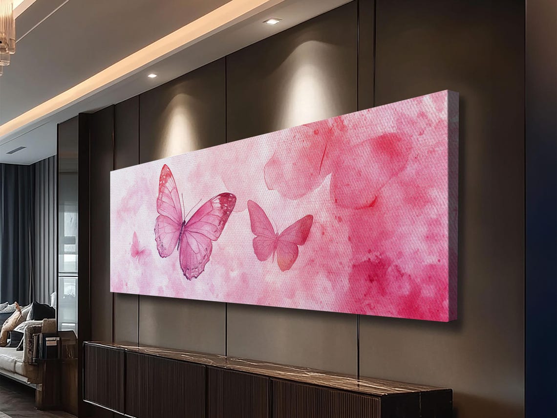 Pink Watercolor Butterflies Whimsical Trio Horizontal Wall Art Poster - Image 2