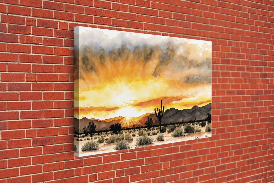 Arizona Desert Saguaro Sunset Watercolor Mountain Panorama Wall Poster - Image 3