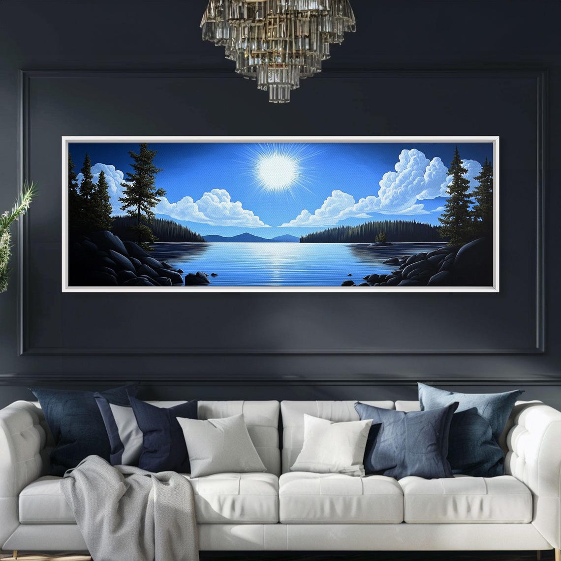 Bright Blue Lake Sun Clouds Pine Trees Panoramic Scenic Poster - Image 5