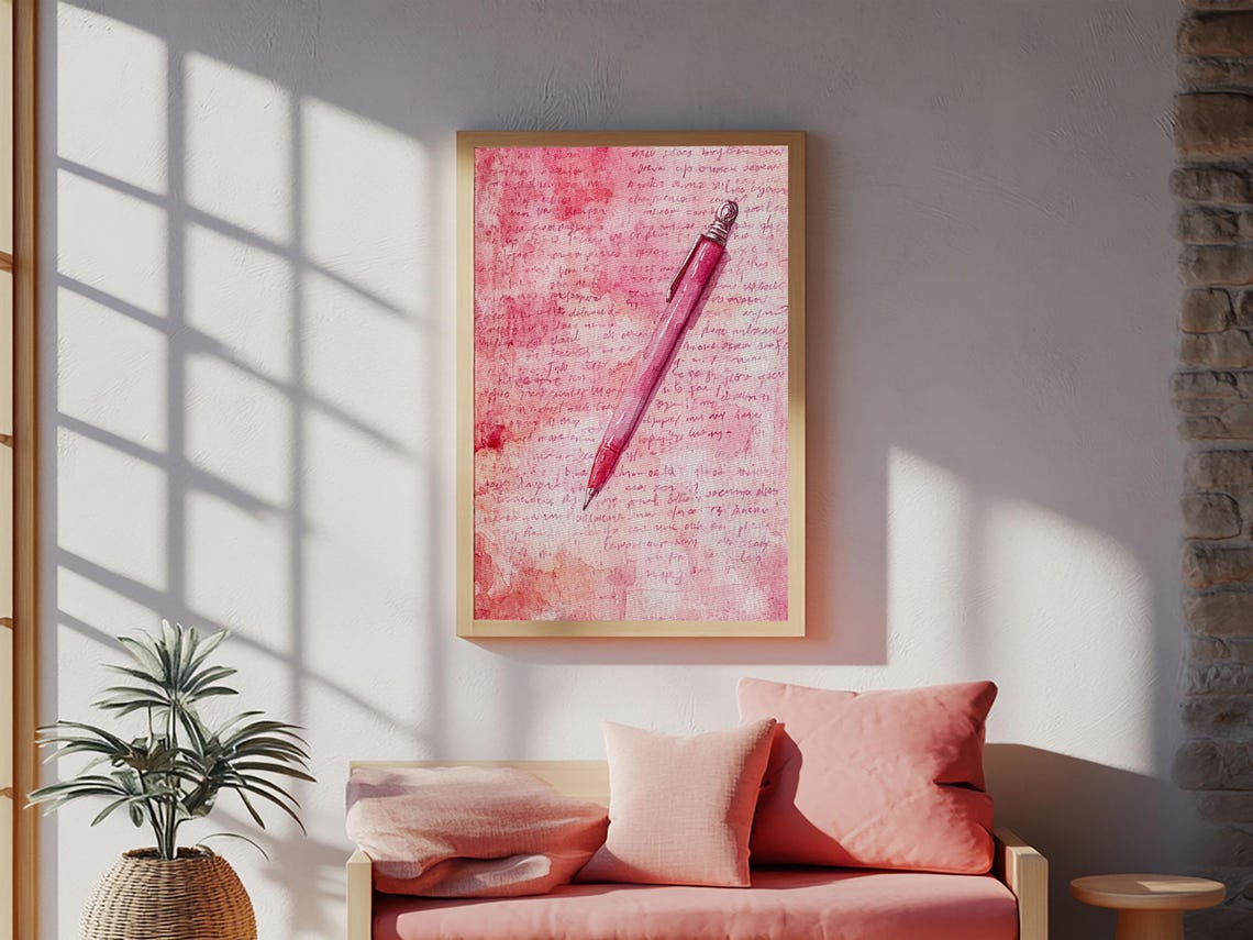 Red Fountain Pen on Pink Love Letter Watercolor Art Print Study Poster - Image 3
