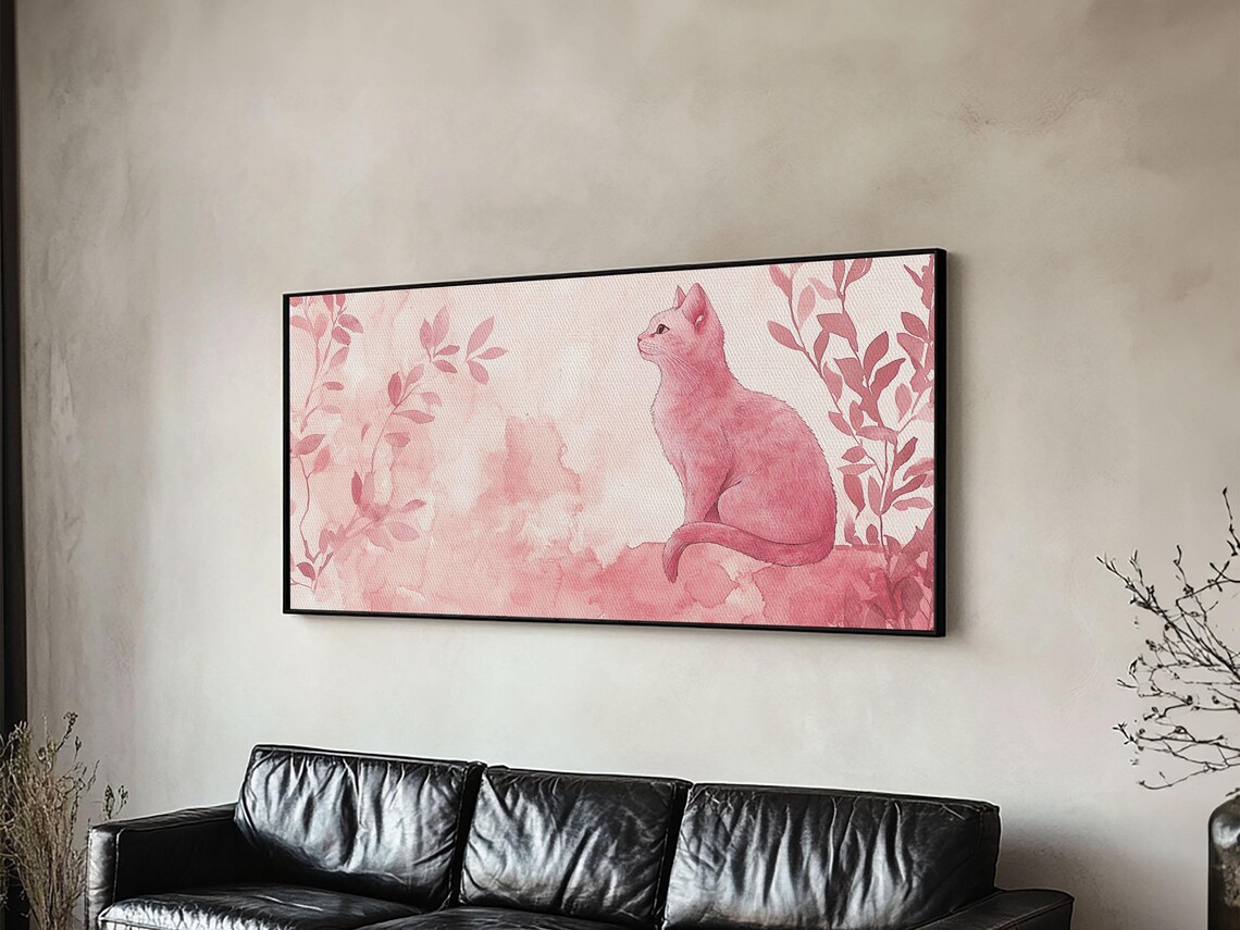 Blush Pink Cat Watercolor With Botanical Leaves Minimalist Wall Poster - Image 2
