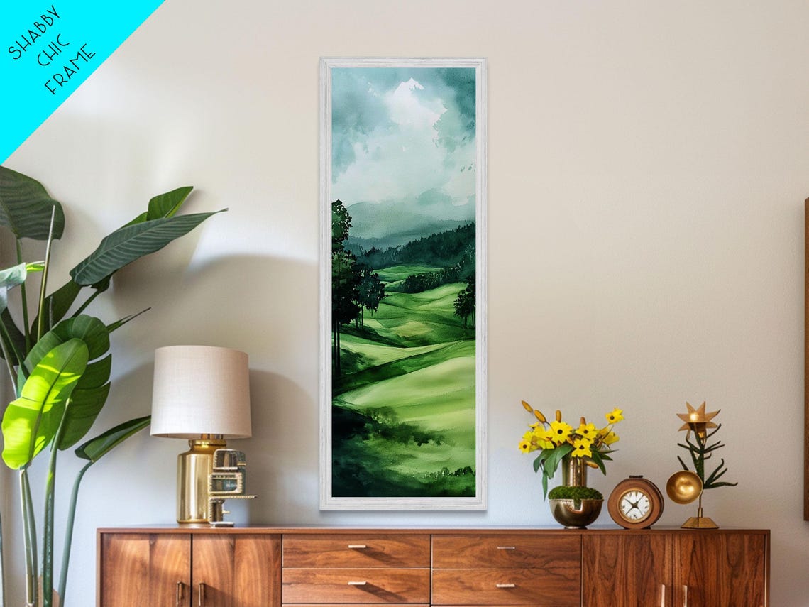 Rolling Green Hills Misty Watercolor Mountain Landscape Wall Poster - Image 3