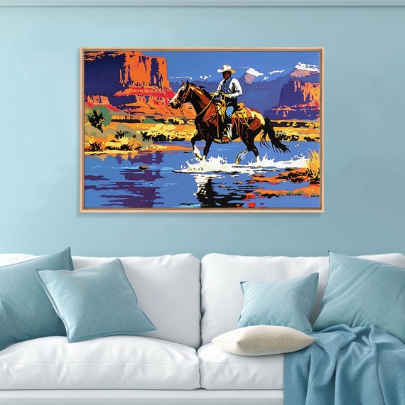 Crossing The Colorado River Framed Print Kitsch Western Wall Art Colorful Western Painting Original Artwork Pop Art Painting
