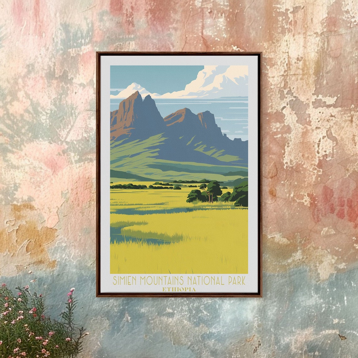 Simien Mountains Ethiopia Jagged Peaks Golden Grassland Retro Poster
