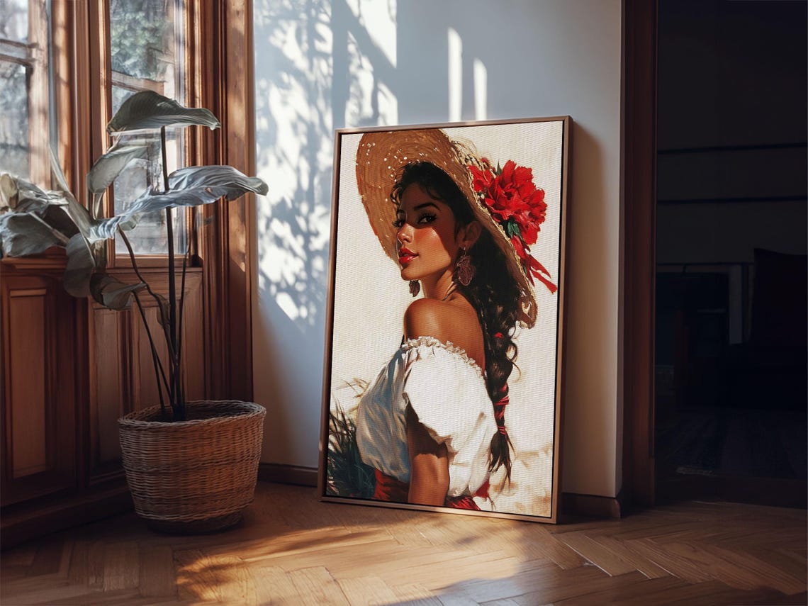 Mexican Woman Straw Hat Red Flowers Romantic Portrait Wall Art Poster - Image 3