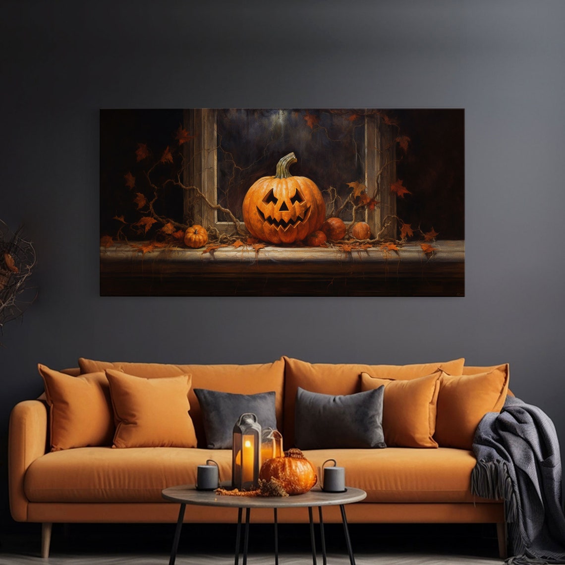 Jack O Lantern On Moonlit Window Sill With Vines Halloween Print