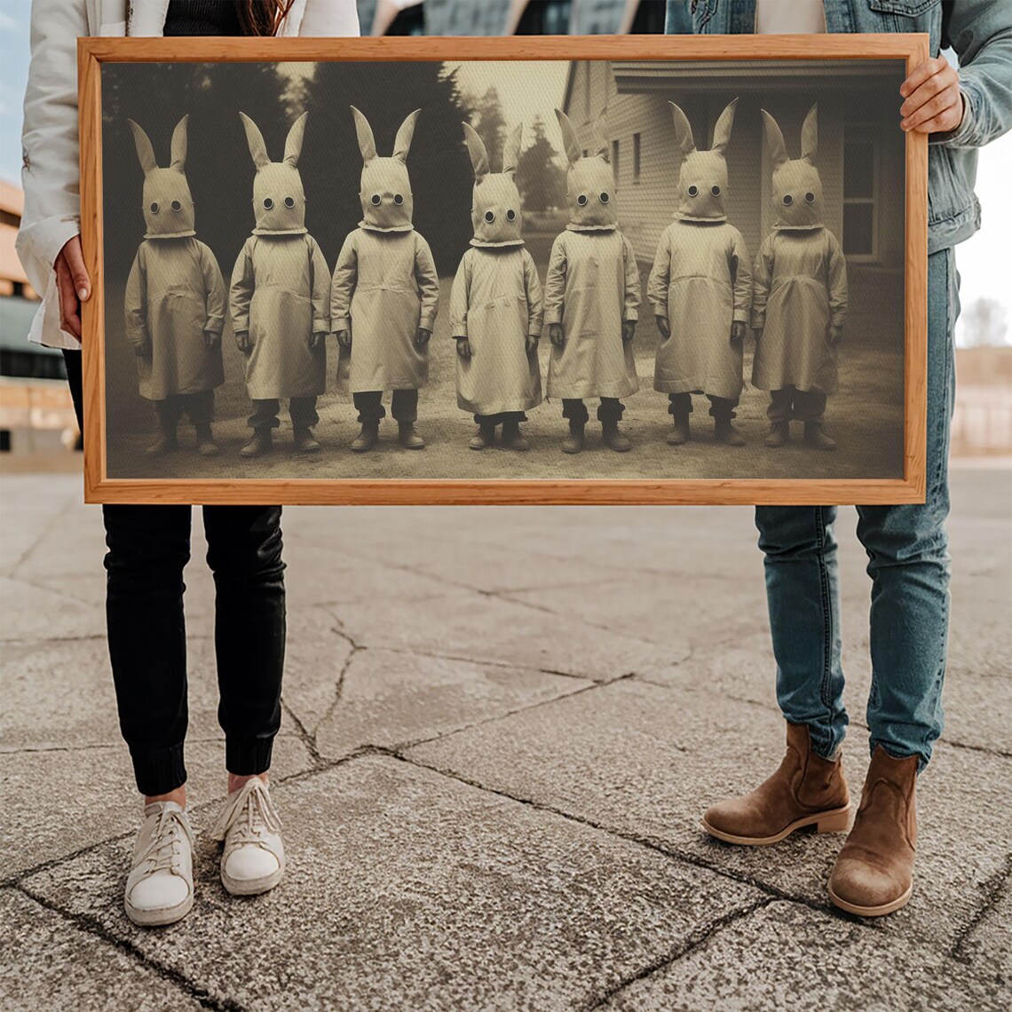 Seven Children In Bunny Masks Vintage Sepia Photo Creepy Art Print - Image 5