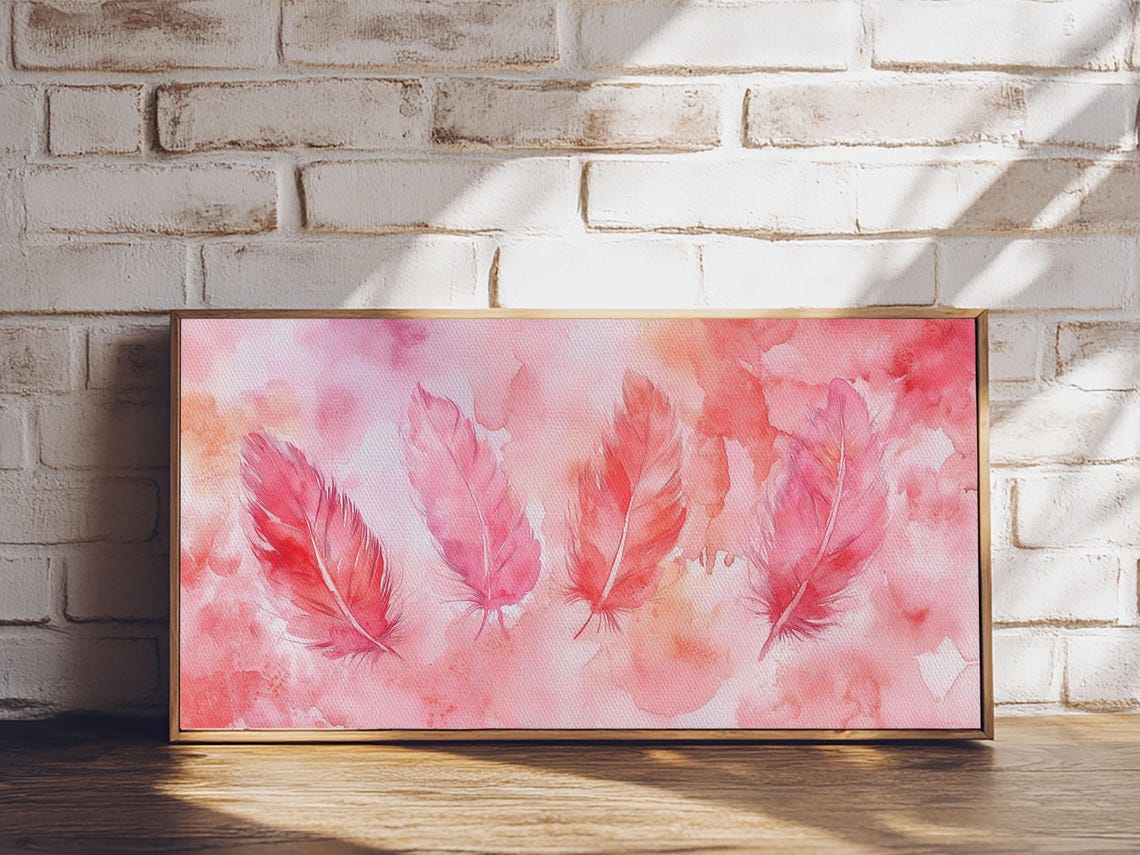 Pink Watercolor Feathers Wide Horizontal Blush Feather Art Print - Image 4