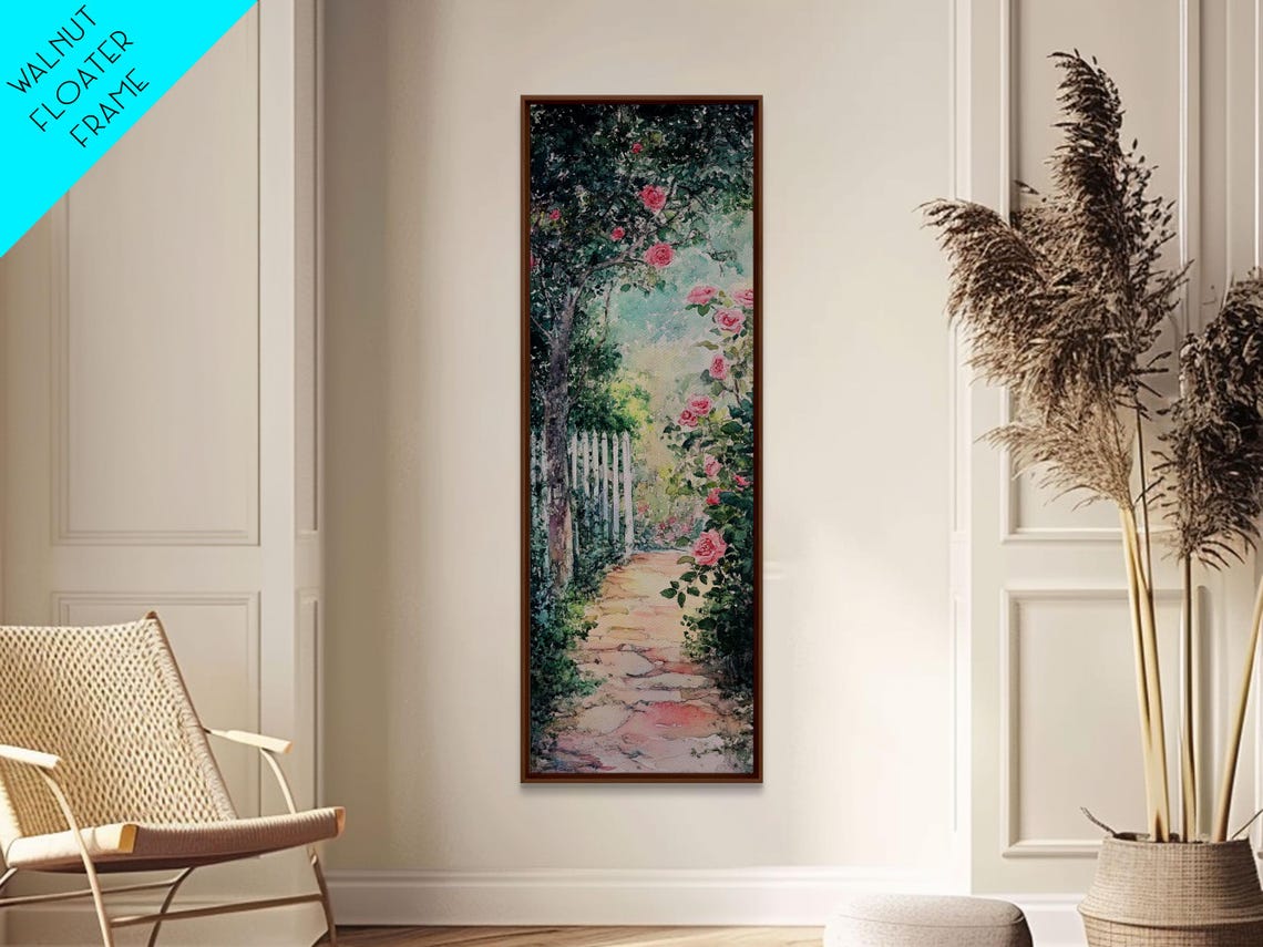 Rose Garden Stone Path Pink Roses Watercolor Painting Vertical Poster