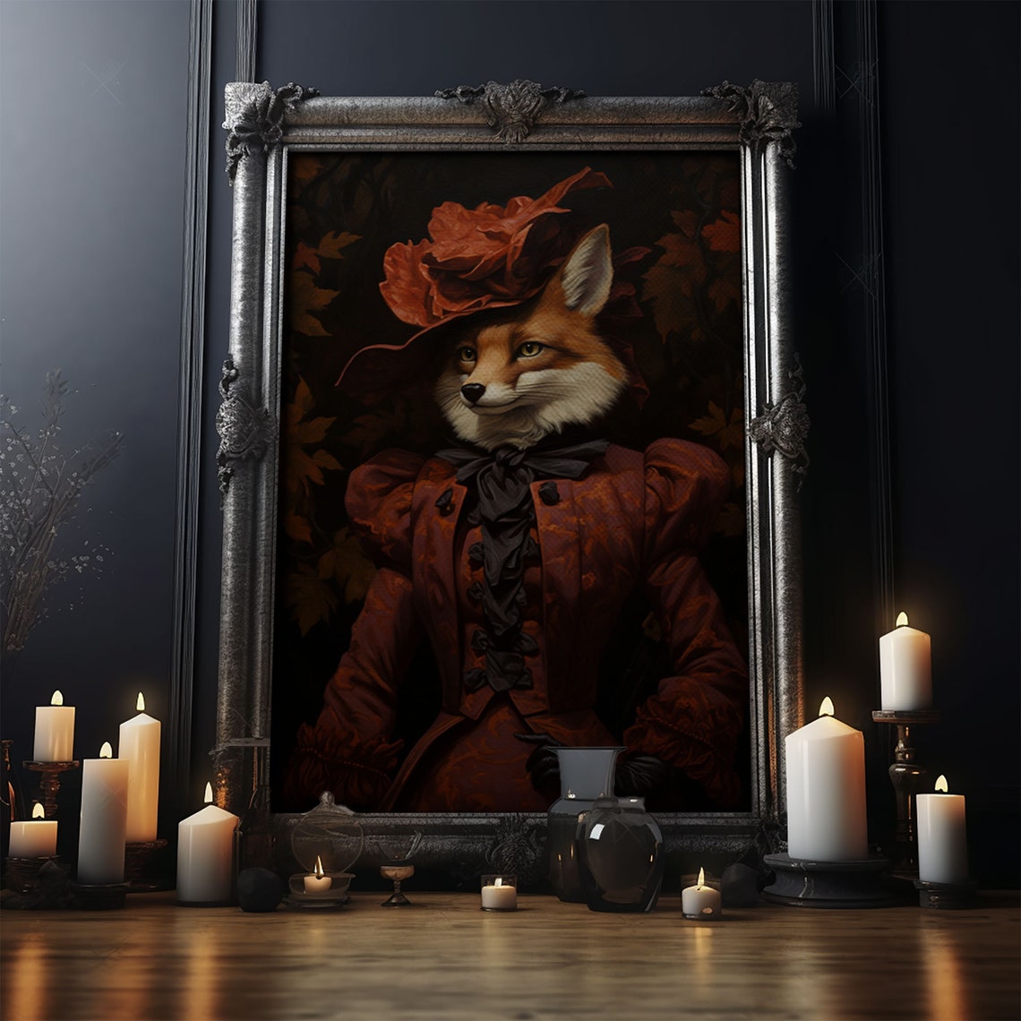 Victorian Lady Fox In Red Gown And Leaf Hat Animal Portrait Print - Image 4