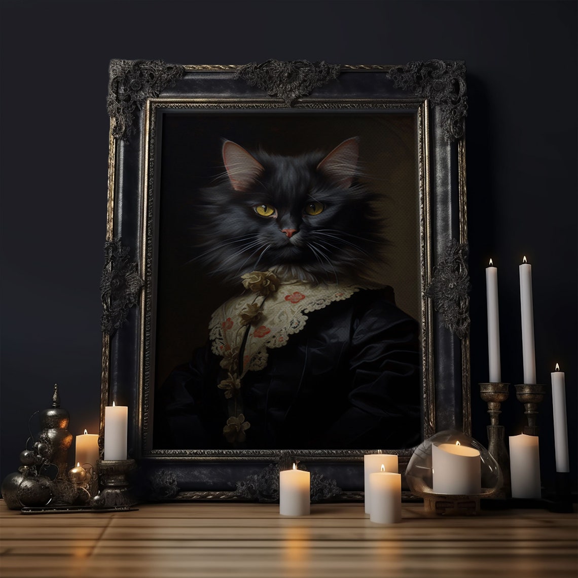 Victorian Black Cat Portrait Lace Dress Funny Halloween Wall Art Print - Image 6