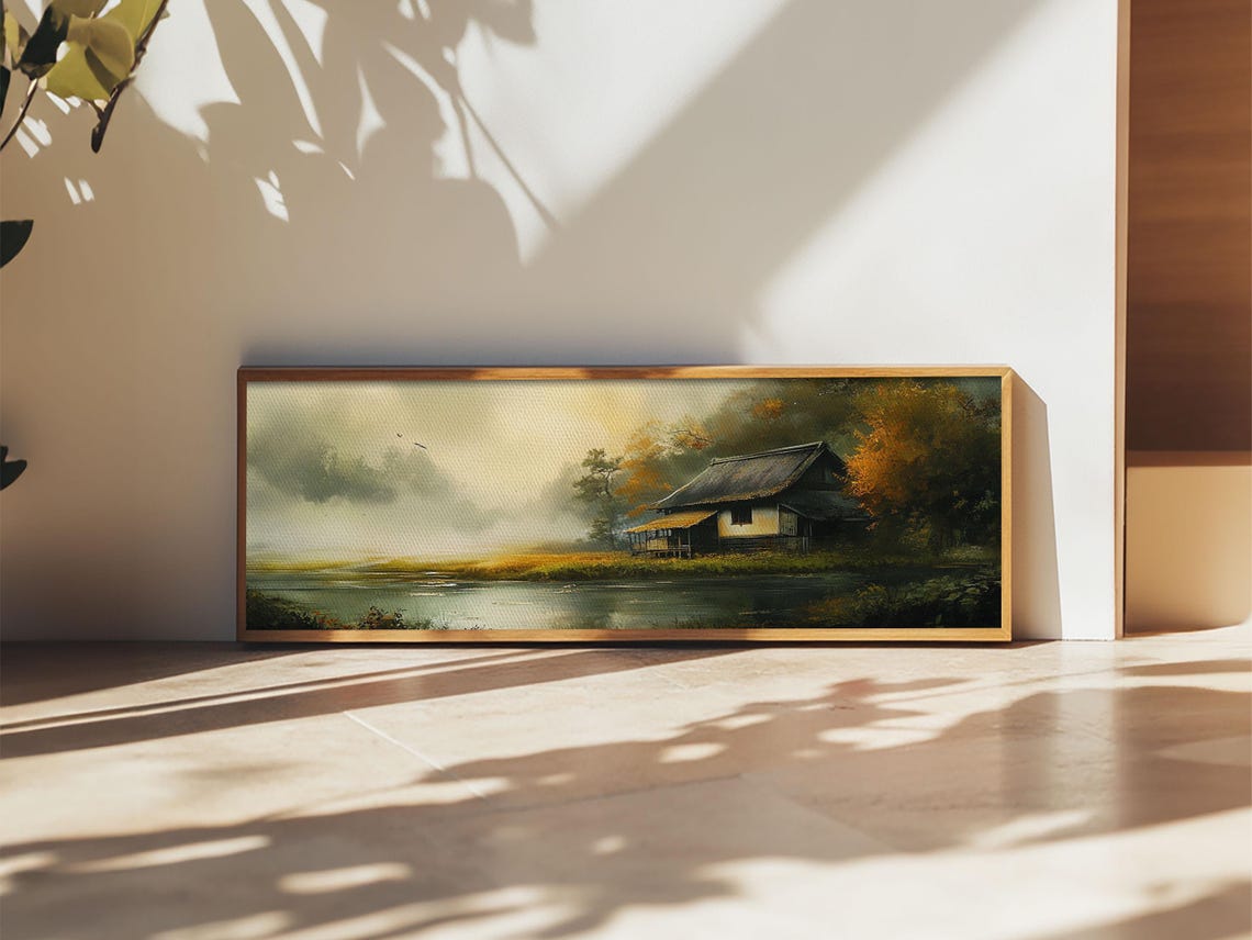 Autumn Lakeside Cabin Misty Water Golden Trees Rustic Wall Poster - Image 3