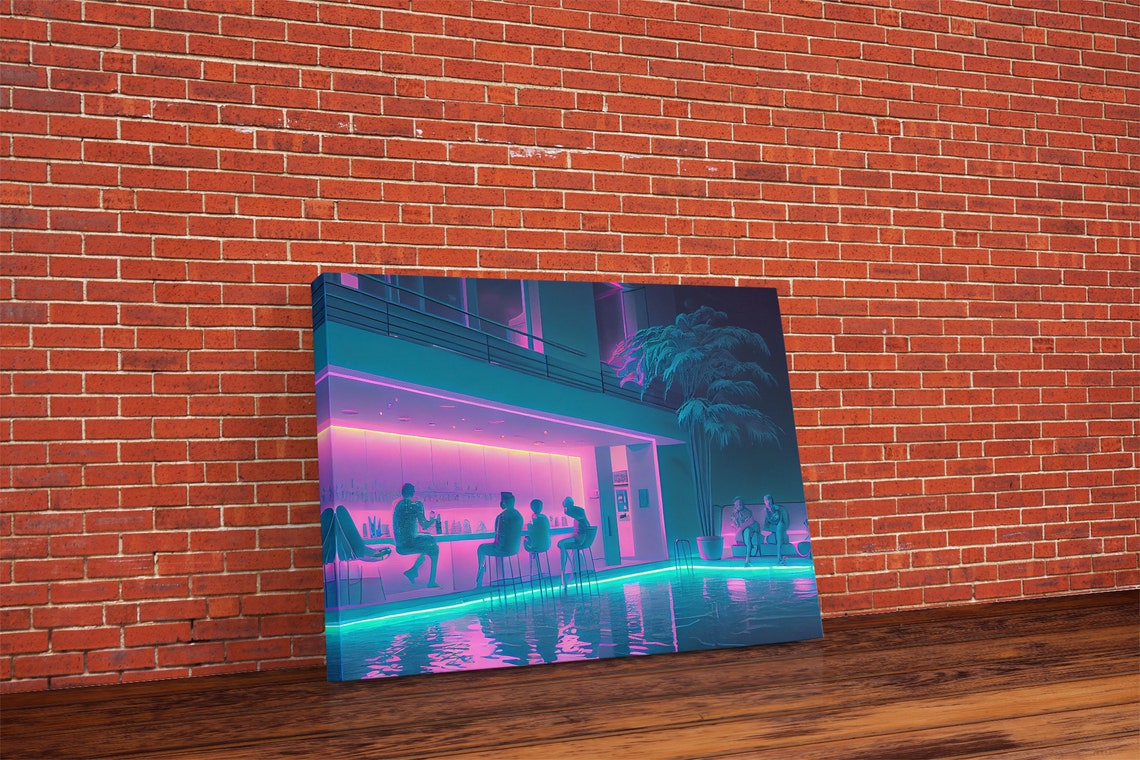 Vaporwave Poolside Lounge Neon Bar Night Palm Trees Retro Poster