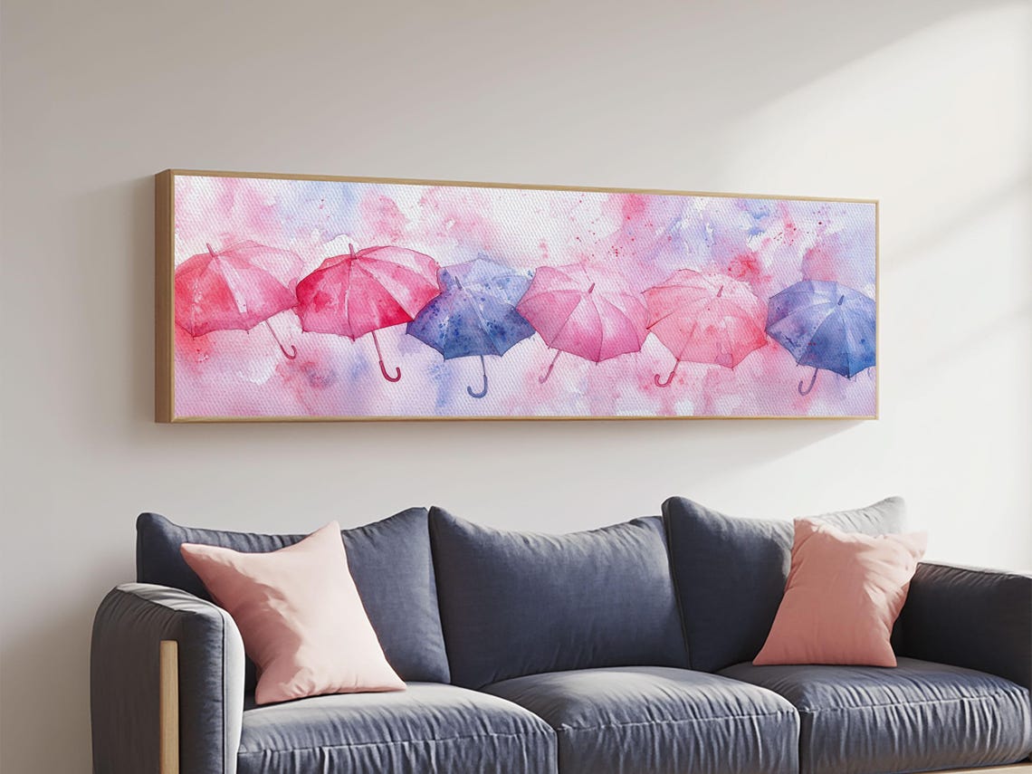 Pink Blue Watercolor Umbrellas Row Panoramic Canvas Art Poster - Image 2
