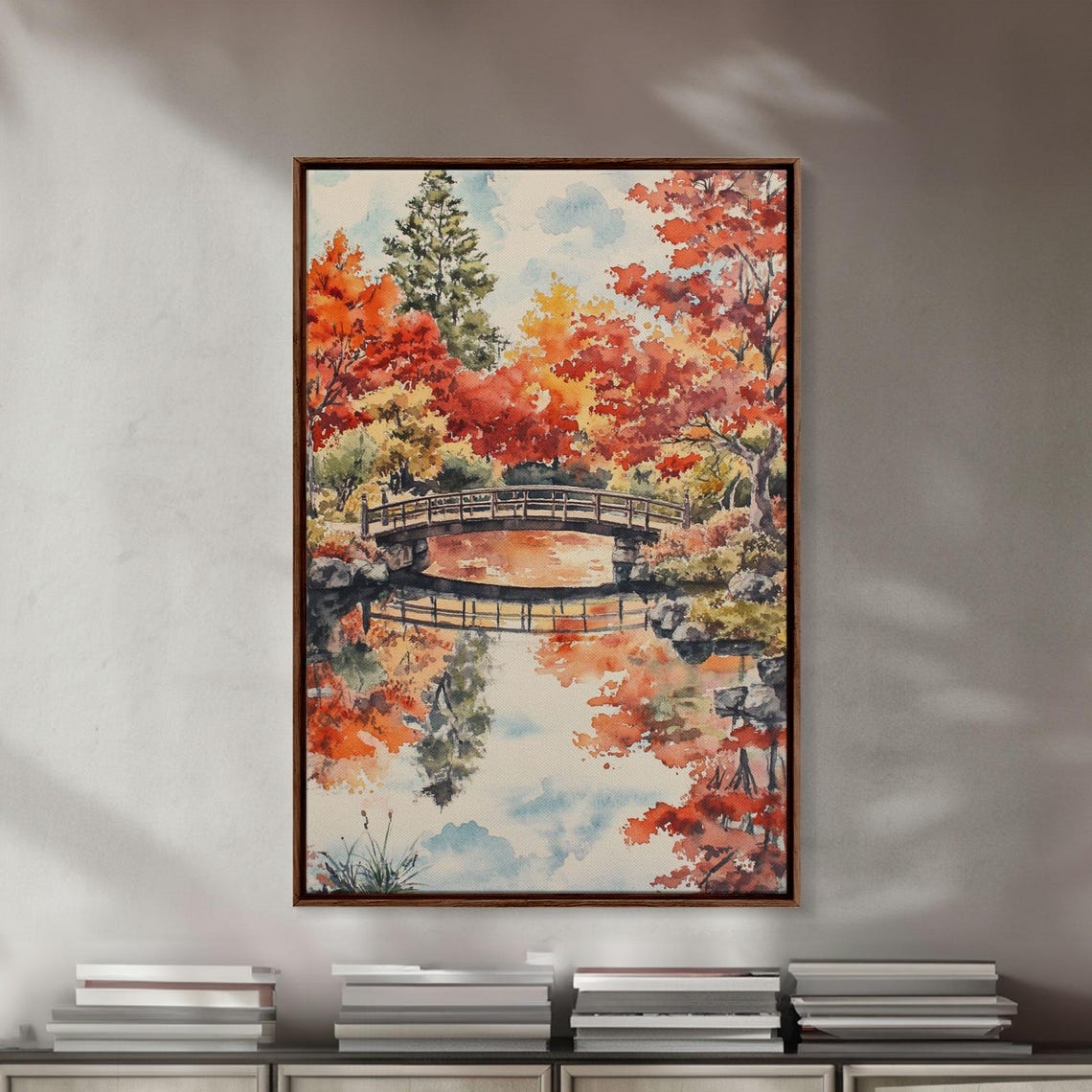 Japanese Garden Arched Bridge Fall Foliage Reflection Poster