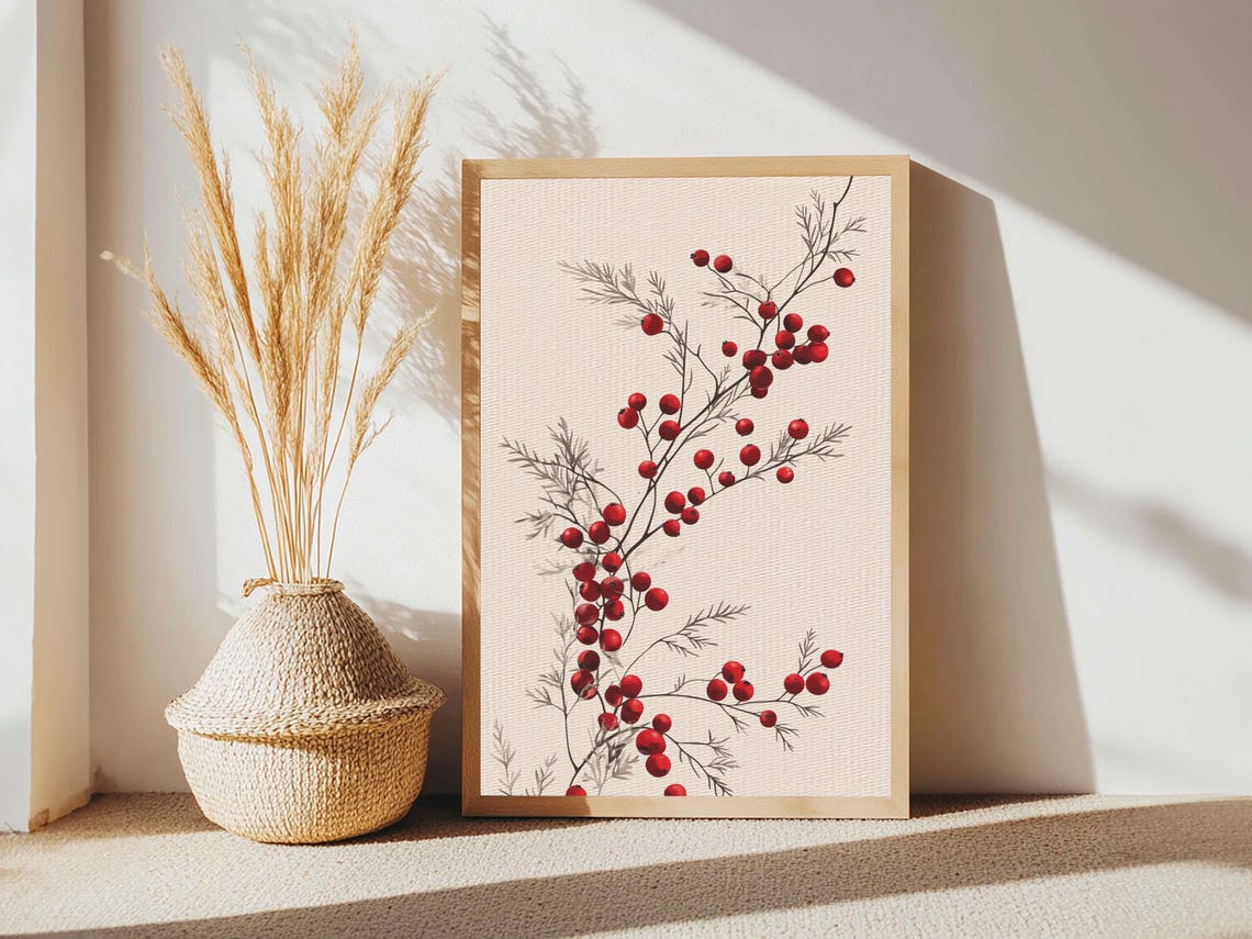 Holly Berries Branch Botanical Minimalist Christmas Wall Art Poster - Image 2
