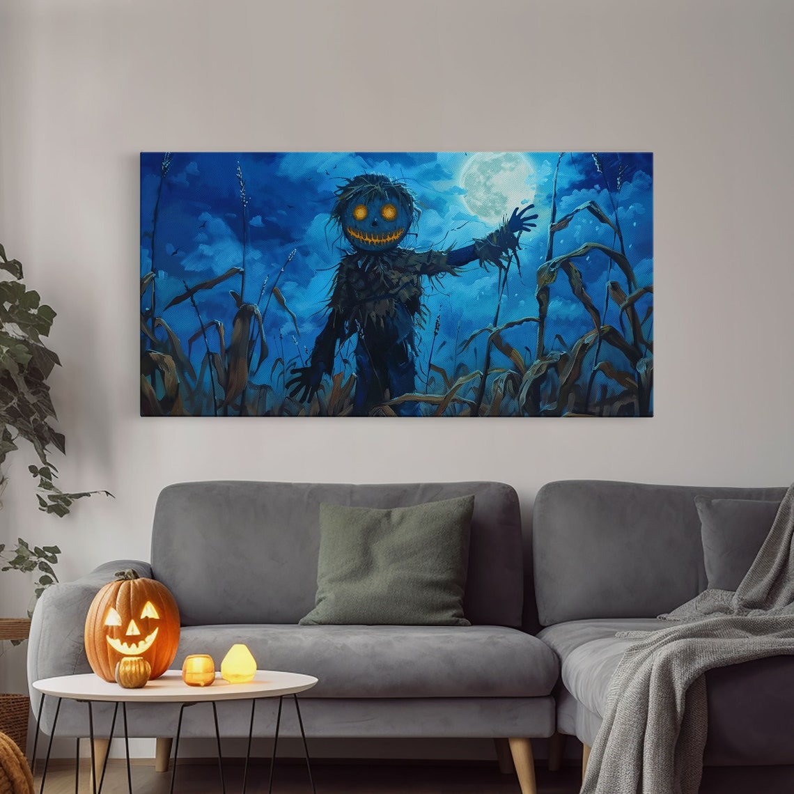 Jack O Lantern Scarecrow Midnight Cornfield Moonlit Halloween Wall Art - Image 4