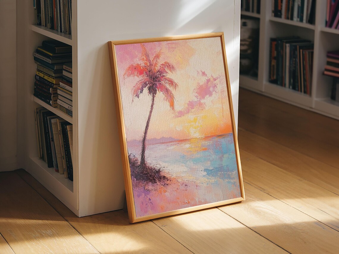 Beach Sunset Palm Tree Pastel Seascape Ocean Waves Coastal Oil Wall Art - Image 4