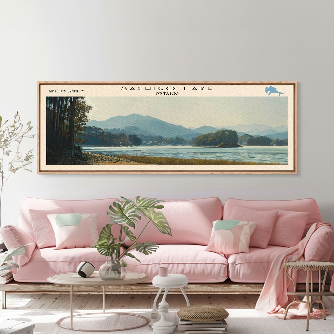 Sachigo Lake Ontario Hazy Mountain View Tranquil Shore Travel Poster - Image 2