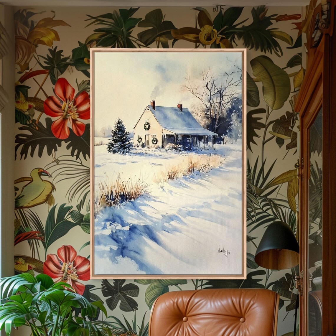 Snowy Farmhouse With Wreaths In Winter Morning Light Landscape Poster - Image 5
