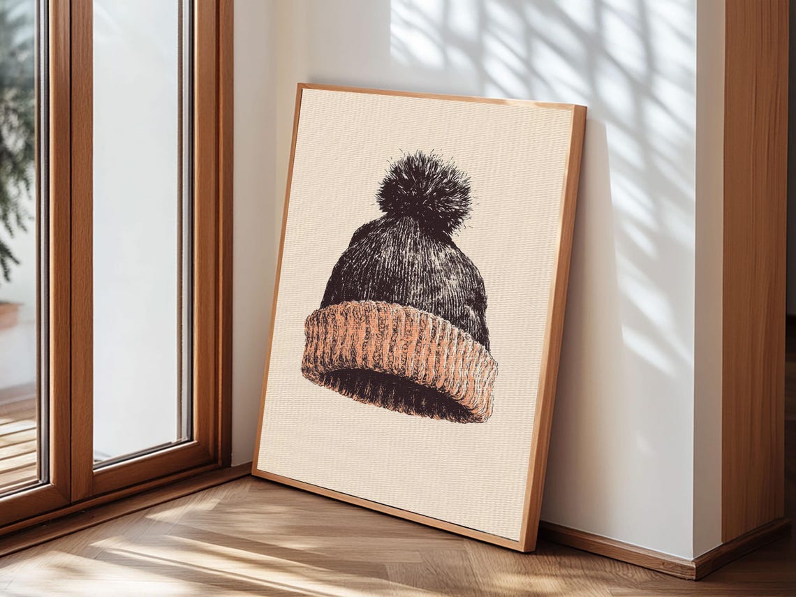 Knit Winter Beanie With Pom Pom Vintage Sketch Minimalist Art Print