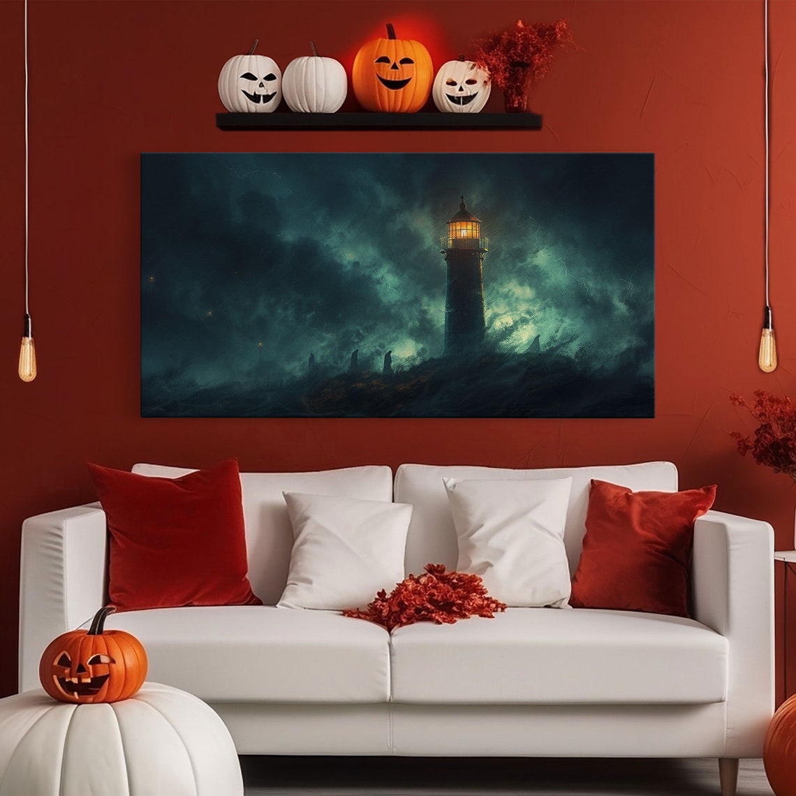 Haunted Lighthouse In Stormy Night Sea Spooky Halloween Art Print - Image 6