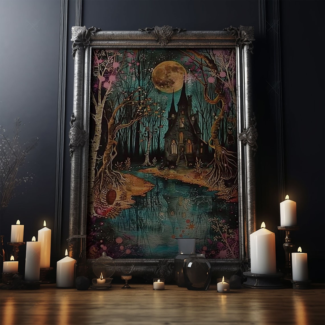 Haunted Castle By The Lake Full Moon Gothic Forest Art Poster - Image 4
