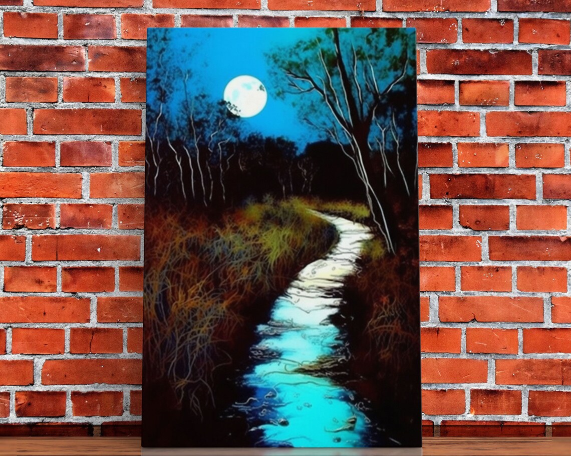 Spooky Full Moon Over Calm Stream Night Art Print - Image 4