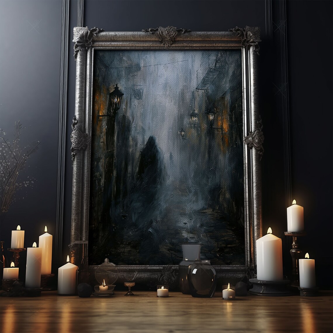 Hooded Figure In Misty Victorian Alley Spooky Foggy Night Art Poster - Image 5