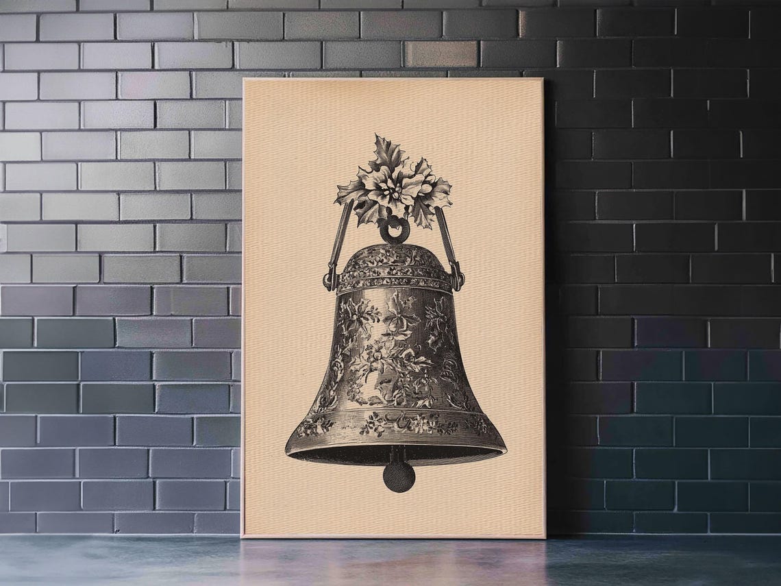 Vintage Christmas Bell Holly Etching Antique Sepia Holiday Art Poster - Image 6