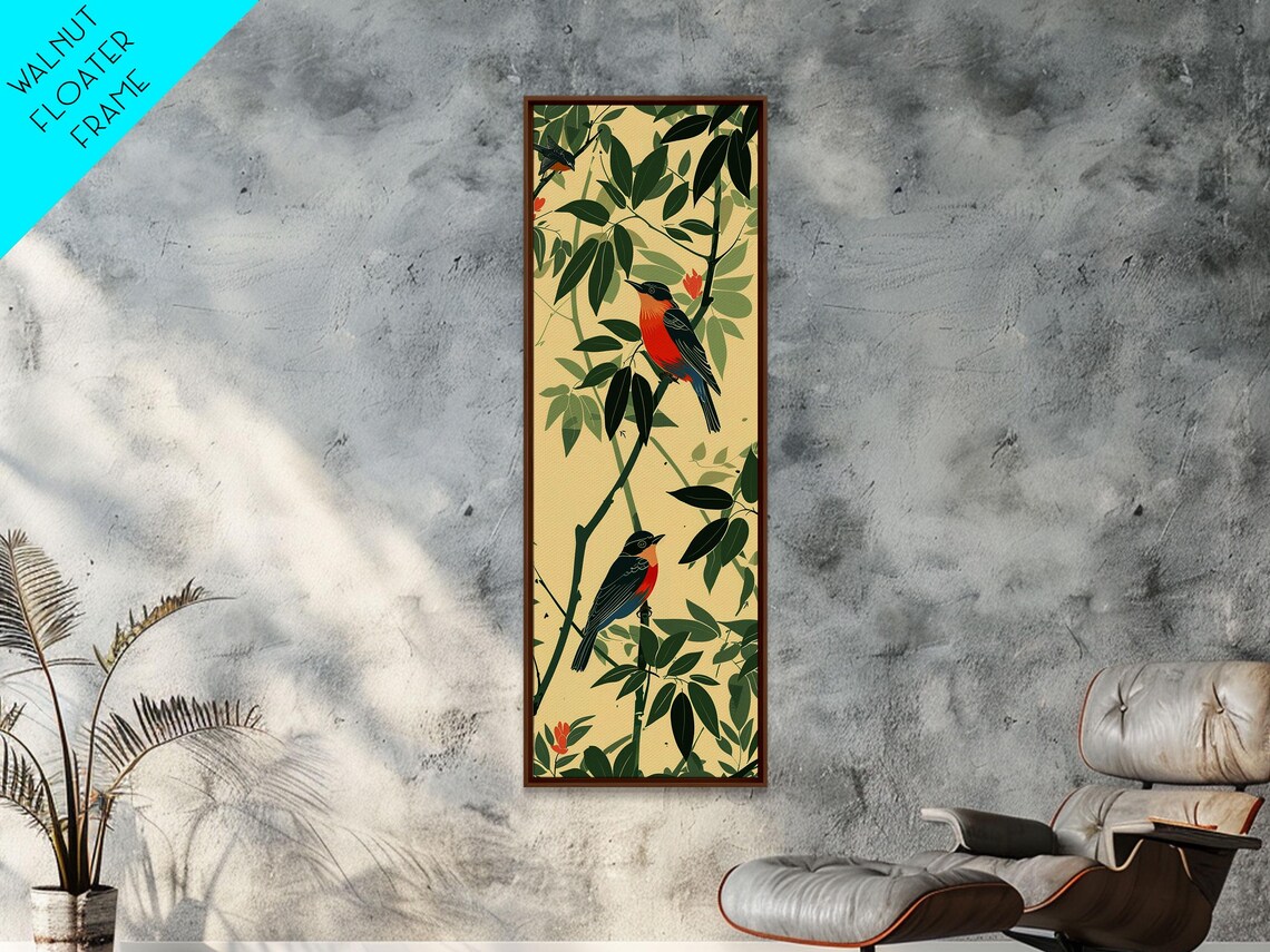 Pair Of Colorful Birds Dense Green Foliage Red Flower Art Print - Image 2