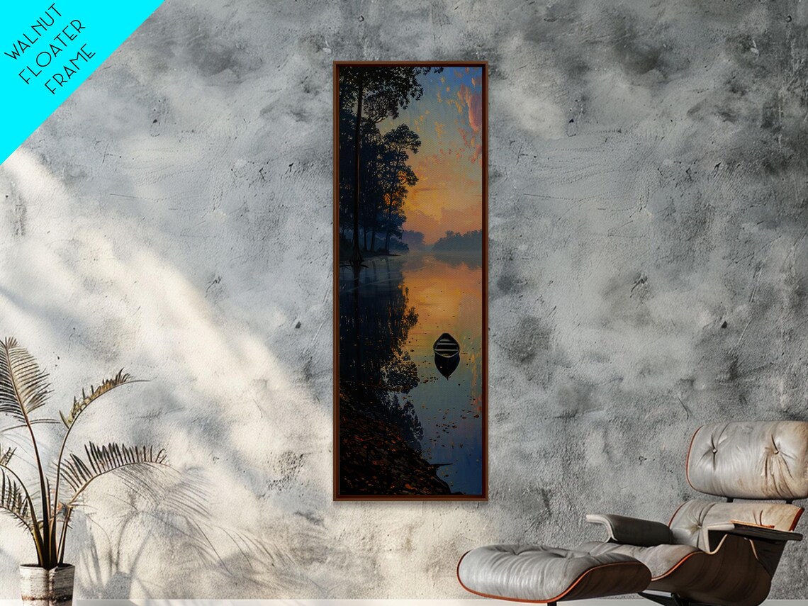 Calm River Reflection With Lone Boat Art Print - Image 5