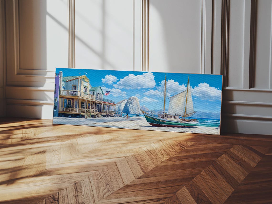 Maine Coastal Town Sailboat Harbor Panoramic Seascape Painting Poster - Image 3