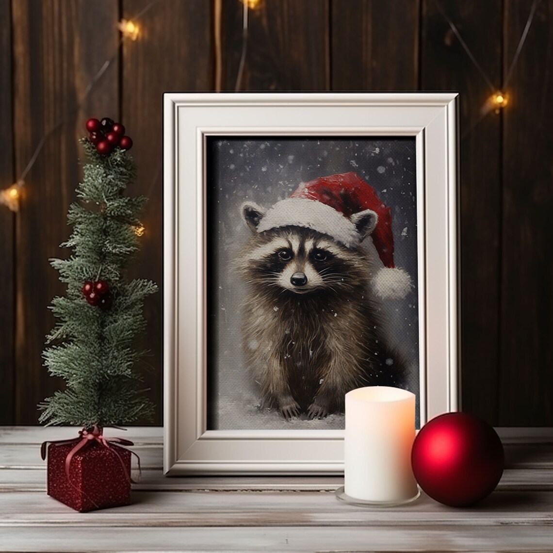Christmas Raccoon in Santa Hat, Vintage Farmhouse Art Print - Image 4