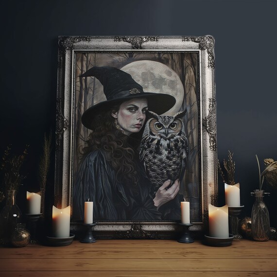 Dark Witch Holding Wise Owl Under Full Moon Gothic Portrait Poster