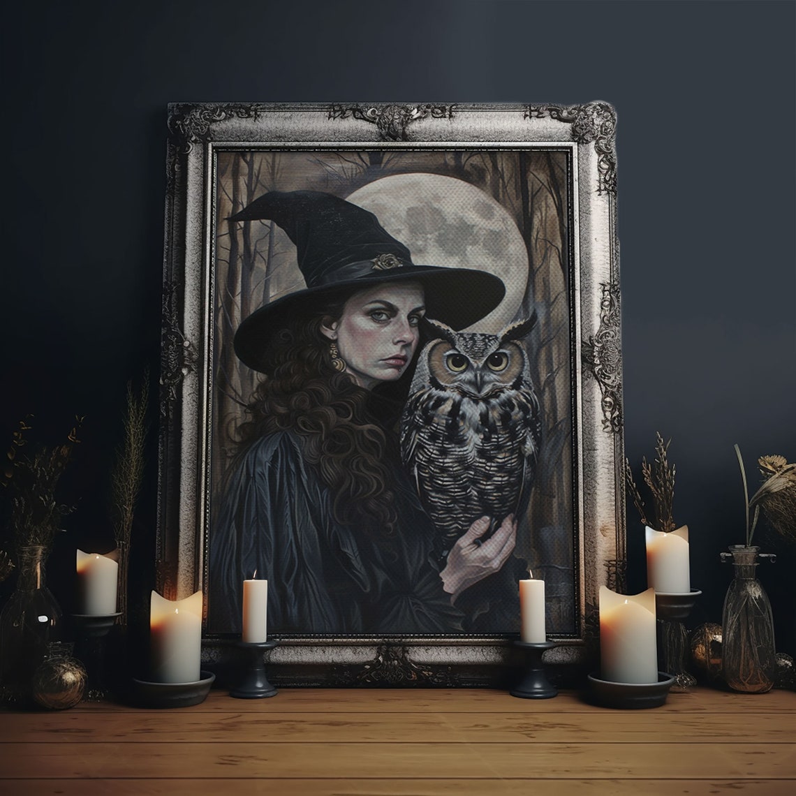 Dark Witch Holding Wise Owl Under Full Moon Gothic Portrait Poster